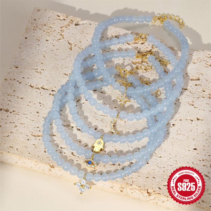 New 925 Sterling Silver Aquamarine Chalcedony Handmade Beaded Bracelet European and American French Style Inlaid with Diamonds DIY Accessories Christmas Jewelry