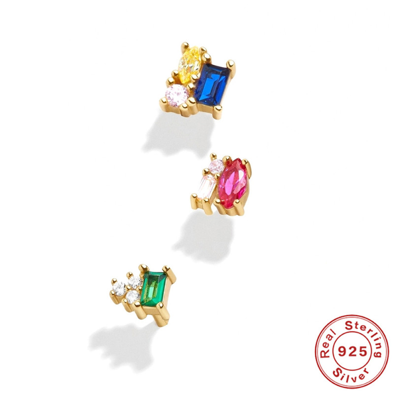 S925 Sterling Silver Geometric Colorful Inlaid Diamond Earrings Set AliExpress Hot Sale Fashion Trend INS Style Earrings