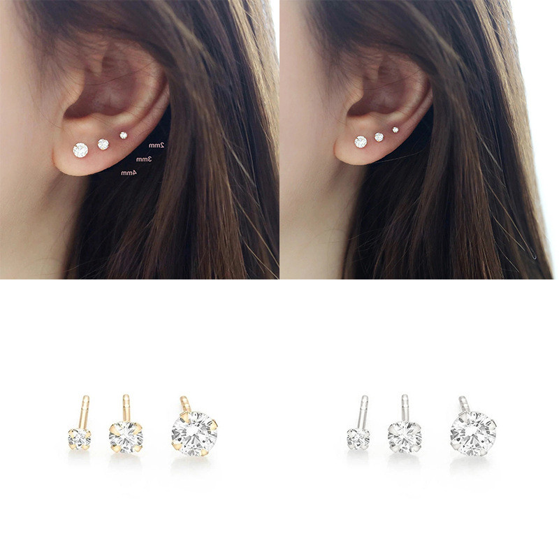 S925 Sterling Silver Simple Personality INS Four-Prong Single Diamond Stud Earrings Korean Version Light Luxury Elegant Three-Piece Set Earrings