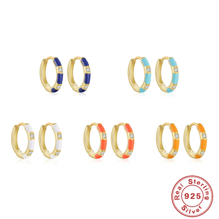 S925 Sterling Silver Enamel Oil Drop Diamond Inlaid Trendy Ear Cuff Hoop Earrings Jewelry European and American Hot Selling INS French Style Earrings