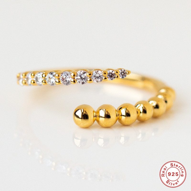 S925 Sterling Silver Large and Small Round Beads Inlaid with Diamonds Open Ring Japanese and Korean Style Irregular Elegant Personality Ins Style Index Finger Ring