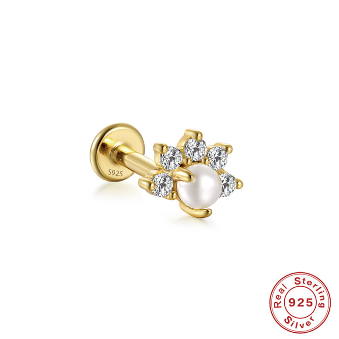 S925 Sterling Silver Butterfly Inlaid Diamond Pearl Threaded Ear Bone Stud European and American Hot Sale 16G Flat Head Piercing Ear Cartilage Jewelry