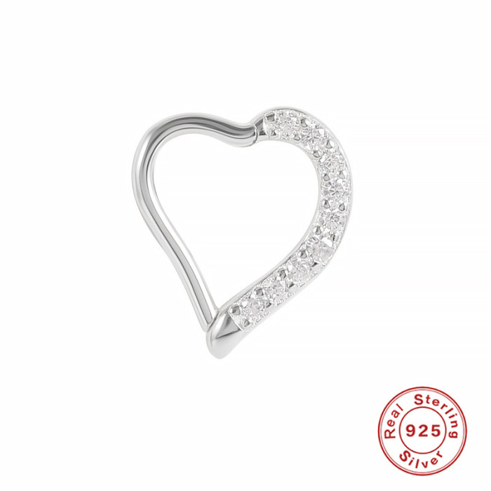 S925 Sterling Silver Single Piercing Micro Inlaid Diamond Round Nose Ring Heart Stud Earrings European and American Fashion Trend Minimalist Style Earrings