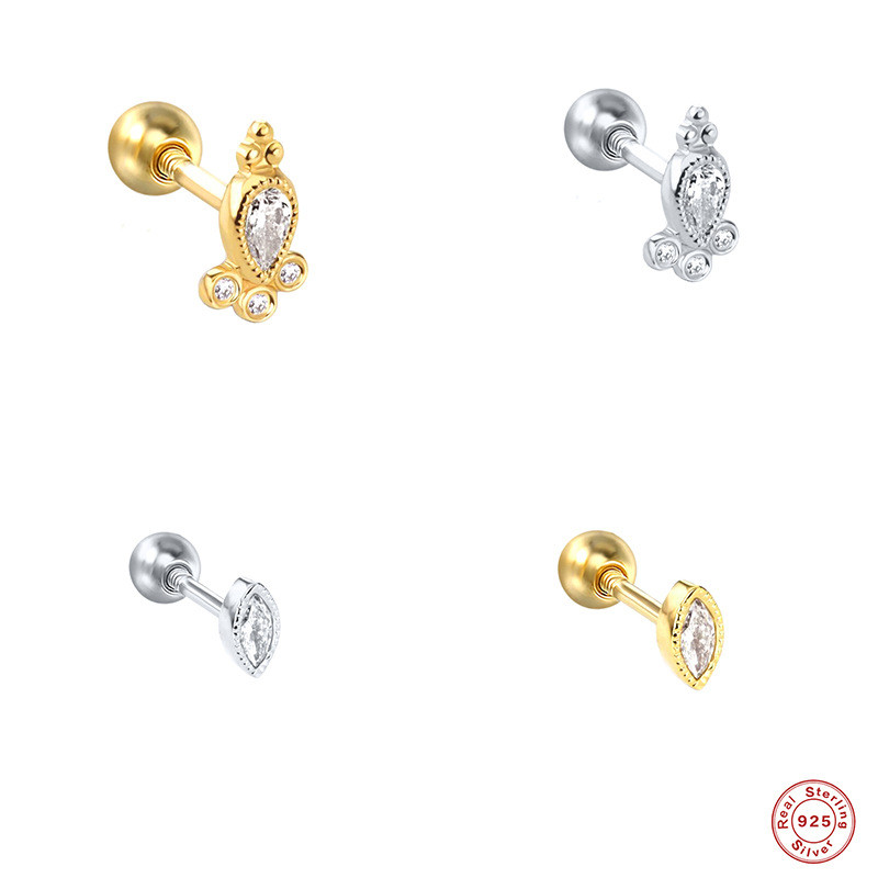 S925 Sterling Silver Geometric Diamond-Studded Body Piercing Threaded Earrings European and American Trend Creative Ins Piercing Cartilage Stud Earrings