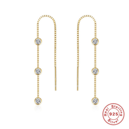 S925 Sterling Silver Box Chain Tassel Triple Inlaid Diamond Ear Thread Earrings Korean Style Elegant Personality Fashion Earrings for Women