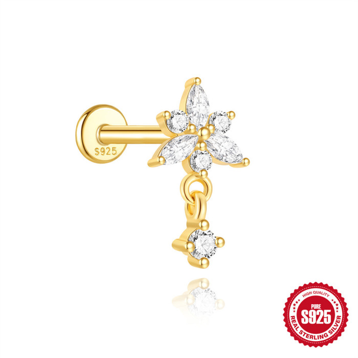 S925 Sterling Silver Geometric Diamond-Studded Stud Flat Head Threaded Piercing Ear Bone Stud European and American Classic Hot-Selling Piercing Ear Jewelry