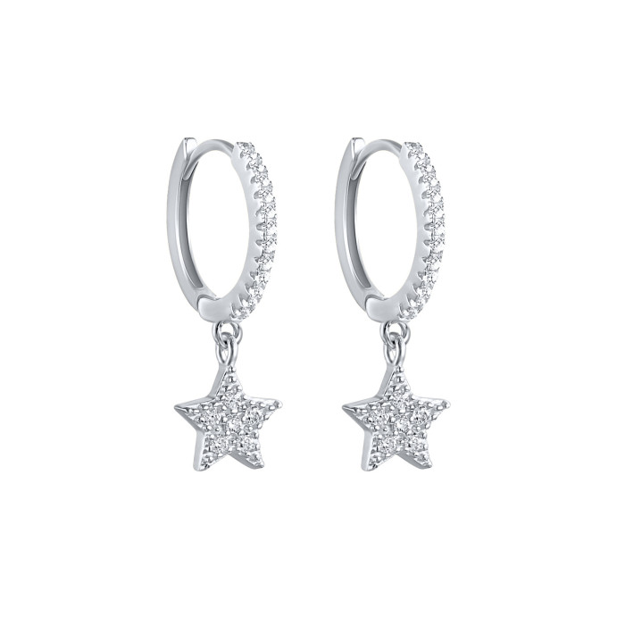 S925 Sterling Silver Geometric Star Inlaid Diamond Personality Earrings European and American Fashion Light Luxury Versatile Hoop Earrings Ear Clips Ear Jewelry for Women