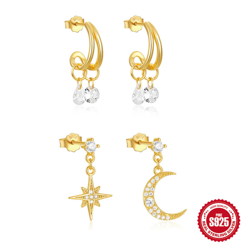 S925 Sterling Silver Classic Star Moon Inlaid Diamond Stud Earrings European and American Cross-Border Hot Selling Water Drop Zircon High-End Earrings