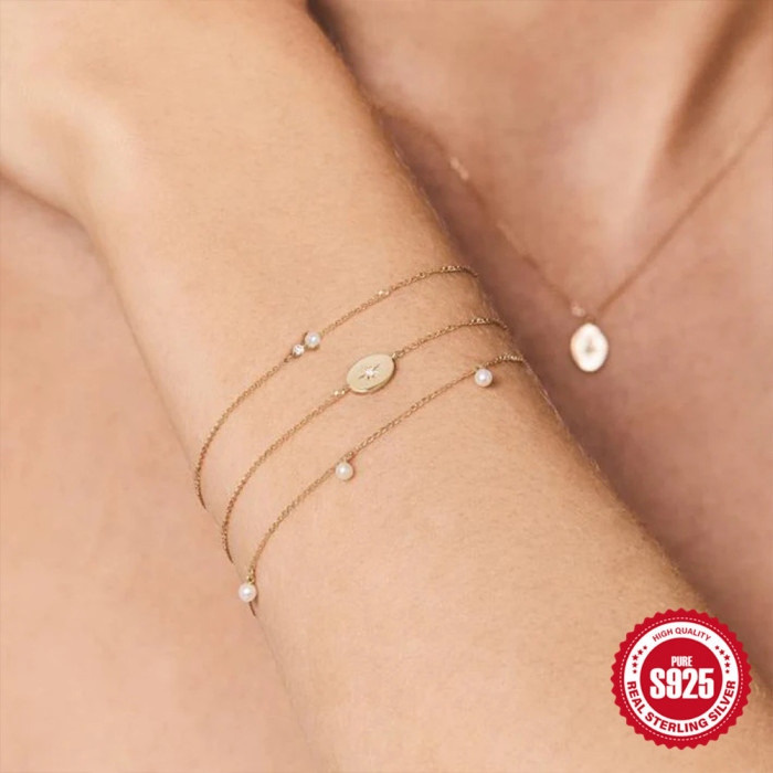 S925 Sterling Silver Single Stone-Inlaid Round Pendant Bracelet Daily Versatile Eight-Pointed Star Red Rope Women's...