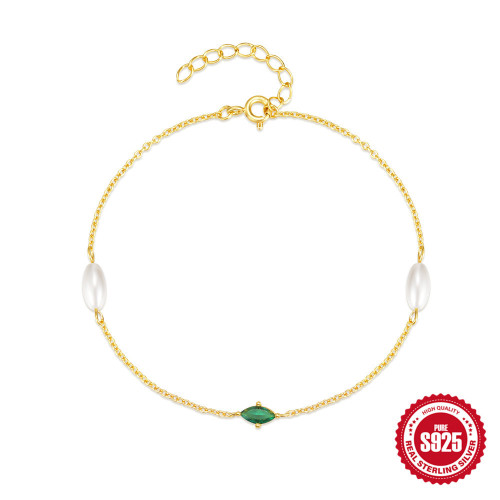 S925 Sterling Silver Pearl Bracelet for Women Korean Fashion Niche Design Elegant Diamond-Encrusted Marquise Vintage Light Luxury Jewelry
