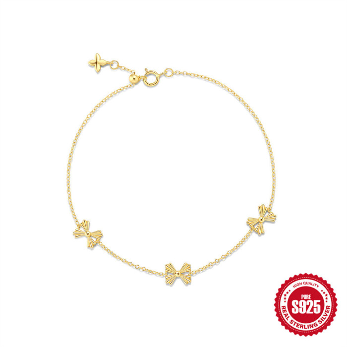 New S925 Sterling Silver Bowknot Stone-Inlaid Personality Versatile Bracelet French Style Temperament Hot-Selling T...