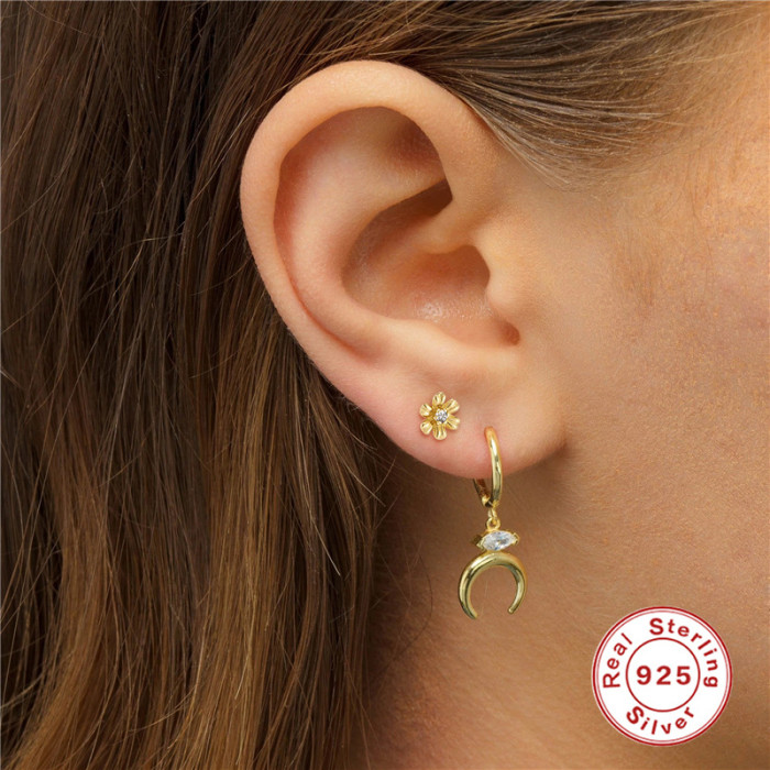 S925 Sterling Silver Six-Petal Flower Elegant Mini Diamond-Studded Piercing Jewelry Threaded Earrings Elegant Ear Bone Stud Earrings
