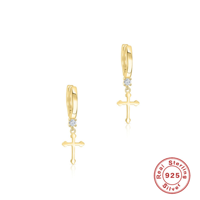 S925 Sterling Silver Star Moon Inlaid Diamond Opal Hoop Earrings Cross Ear Clips Earrings European and American Hot Trendy INS Earrings for Women