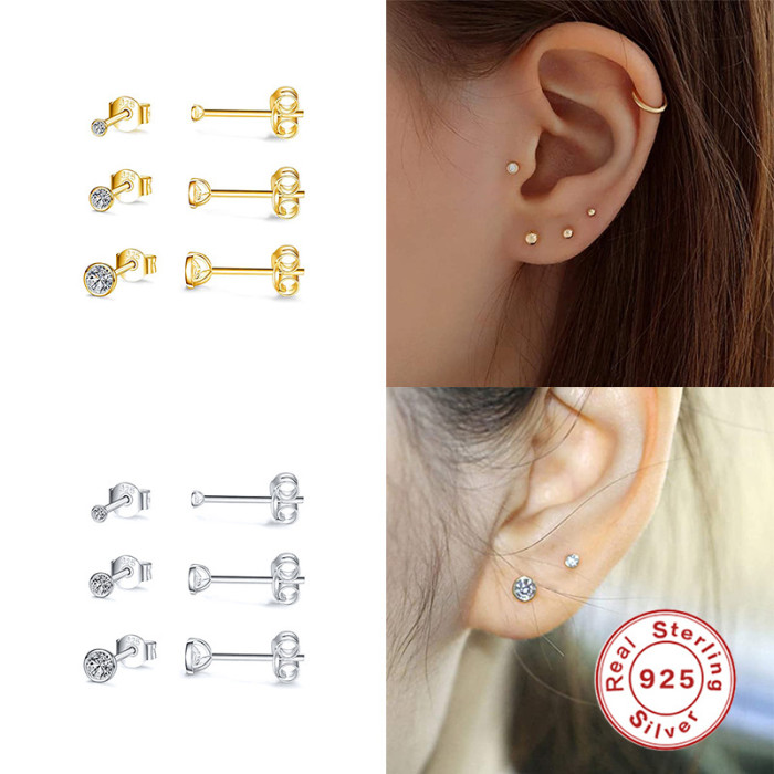 S925 Sterling Silver INS Style Personality Diamond Stud Earrings European and American Fashion Simple Earrings Set of 3 Mini Diamond Stud Earrings