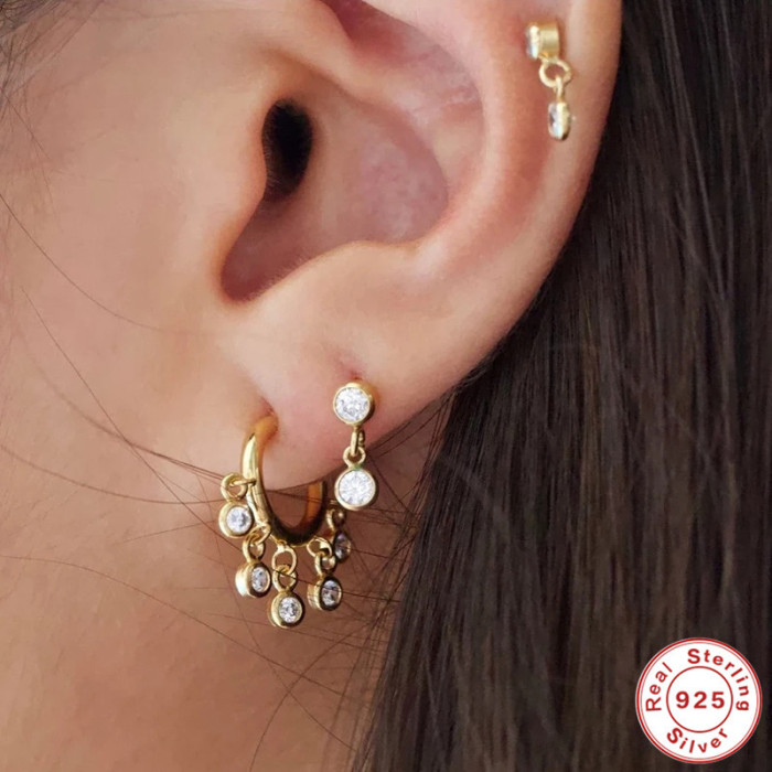 S925 Sterling Silver INS Style Minimalist Double Diamond Women's Earrings Hoop Earrings Korean French Style Internet Celebrity Temperament Earrings