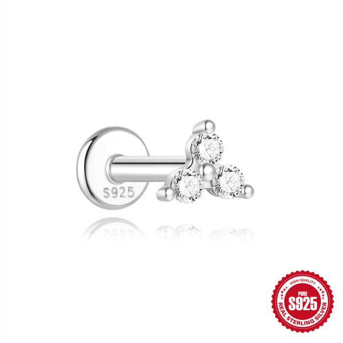 New S925 Sterling Silver Four-Prong Moissanite Flat Head Threaded Piercing Cartilage Earrings European and American Hot-Selling Light Luxury Ear Bone Studs