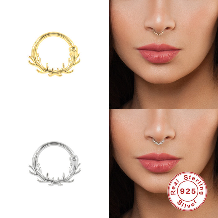 S925 Sterling Silver Branch Round Nose Ring Piercing Single Earring European and American Hot Trend Personality Creative Ear Bone Stud