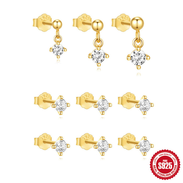 S925 Sterling Silver Four-Prong Stone-Inlaid Basic Daily Matching Earrings Set for Women Korean Version Niche Desig...