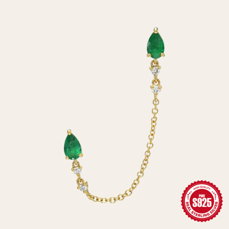 S925 Sterling Silver INS Style Personality Green Gemstone Inlaid Diamond Ear Thread European and American Fashion Simple Chain Tassel Earrings Ear Jewelry