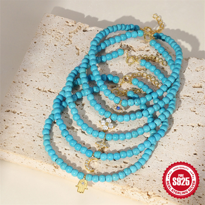 New 925 Sterling Silver Turquoise Handmade Beaded Bracelet French Style Inlaid with Diamonds DIY Accessories Christma...