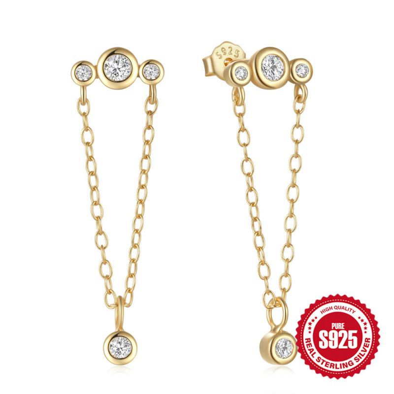 925 Sterling Silver Round Tassel Chain Ear Thread Earrings European and American New Trendy Ins Fashion Inlaid Zircon Earrings