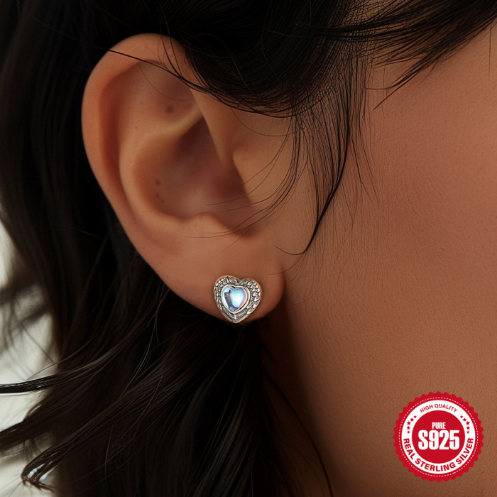 S925 Sterling Silver Heart Five-Pointed Star Butterfly Inlaid Diamond Moonstone Earrings European and American Fashion Retro Footprint Ear Jewelry