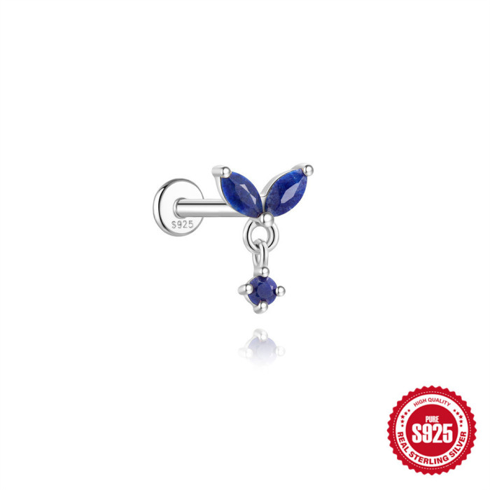 S925 Sterling Silver Geometric Inlaid Natural Lapis Lazuli Flat Head Threaded Piercing Ear Bone Stud New Hot-Selling High-End Earrings