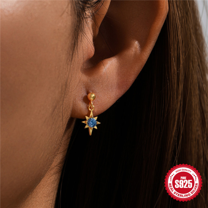 New 925 Sterling Silver Blue Inlaid Diamond Eight-Pointed Star Heart Round Ball Threaded Ear Bone Stud European and American Hot-Selling Elegant Earrings