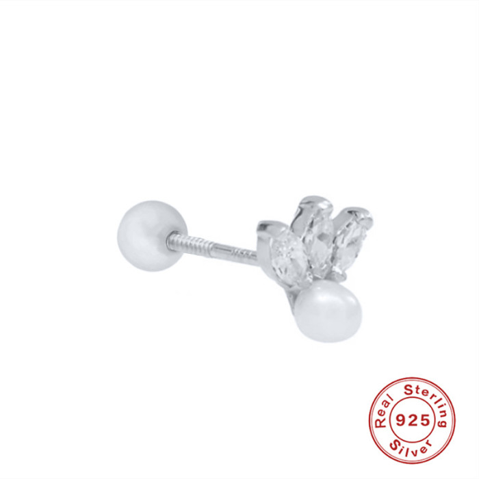 S925 Sterling Silver Triple CZ Marquise Pearl Stud Piercing Single Earring European and American Bestselling INS Ear Bone Stud