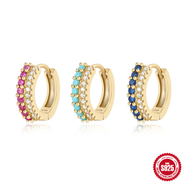 S925 Sterling Silver Personality Double Row Mixed Color Stone-Inlaid Hoop Earrings Ear Clips Earrings Hot Selling T...