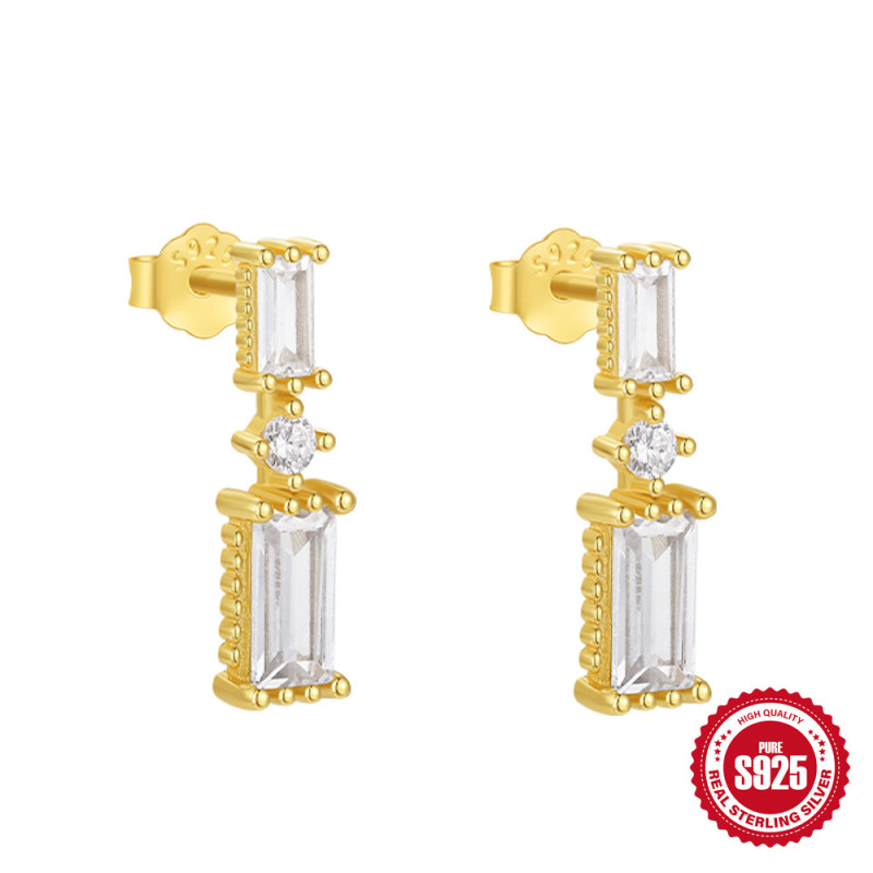 New S925 Sterling Silver Square Inlaid Diamond Elegant Versatile Women's Earrings Korean Style Niche Design Ear Jewelry