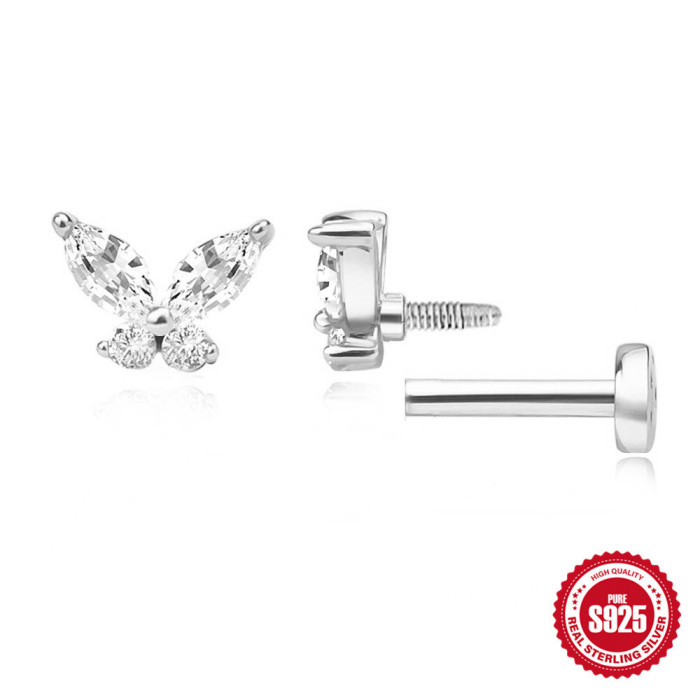 New S925 Sterling Silver Diamond-Studded Ear Bone Stud 16G Flat Head Threaded Piercing Cartilage Stud Ear Cartilage Stud Ear Jewelry