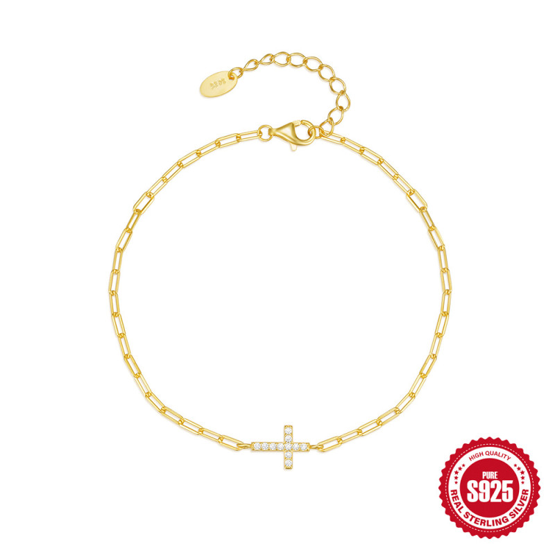 New S925 Sterling Silver Paperclip Zircon Cross Bracelet Korean Style Hot-Selling Niche Design Inlaid Diamond Light Luxury Jewelry