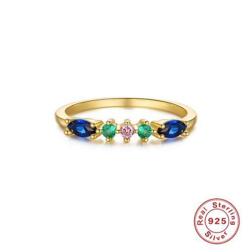 S925 Sterling Silver Geometric Colorful Diamond Engagement Ring Korean and Japanese Light Luxury Elegant Fresh Summer Wear Index Finger Ring Accessory