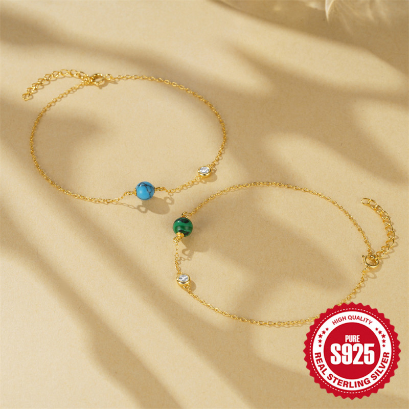 New S925 Sterling Silver Inlaid Diamond Elegant Malachite Bracelet European and American Hot-Selling French Style Turquoise High-End Bracelet for Women