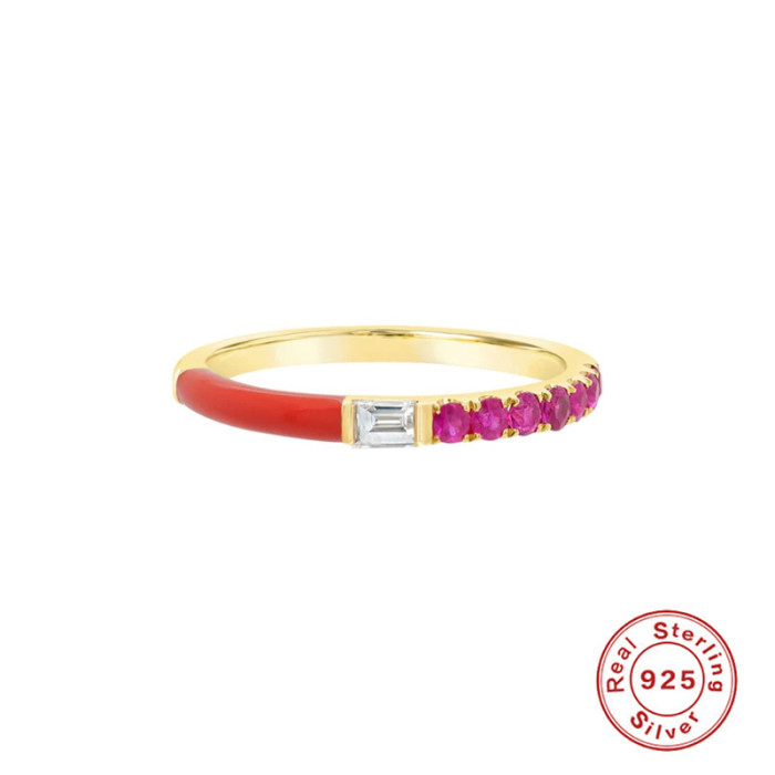 S925 Sterling Silver INS Style Single Row Stone-Inlaid Oil Drop Imitation Enamel Couple Rings French Style Colorful...