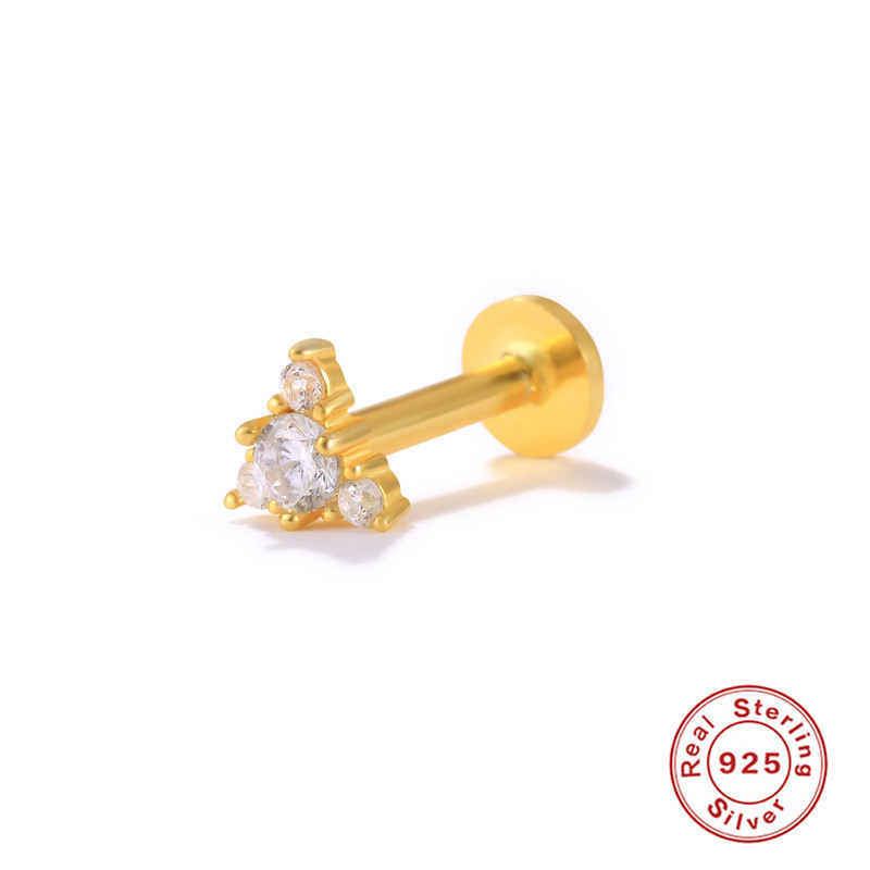 S925 Sterling Silver Triangle Diamond-Studded Body Piercing Stud Earrings European and American Bestselling INS Style Flat Head Threaded Piercing Ear Jewelry