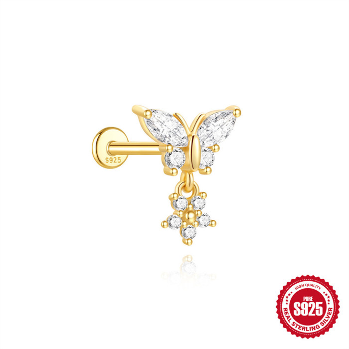 S925 Sterling Silver Irregular Butterfly Crown Inlaid Diamond Flat Head Threaded Piercing Ear Bone Stud European and American Hot Selling Elegant Earrings