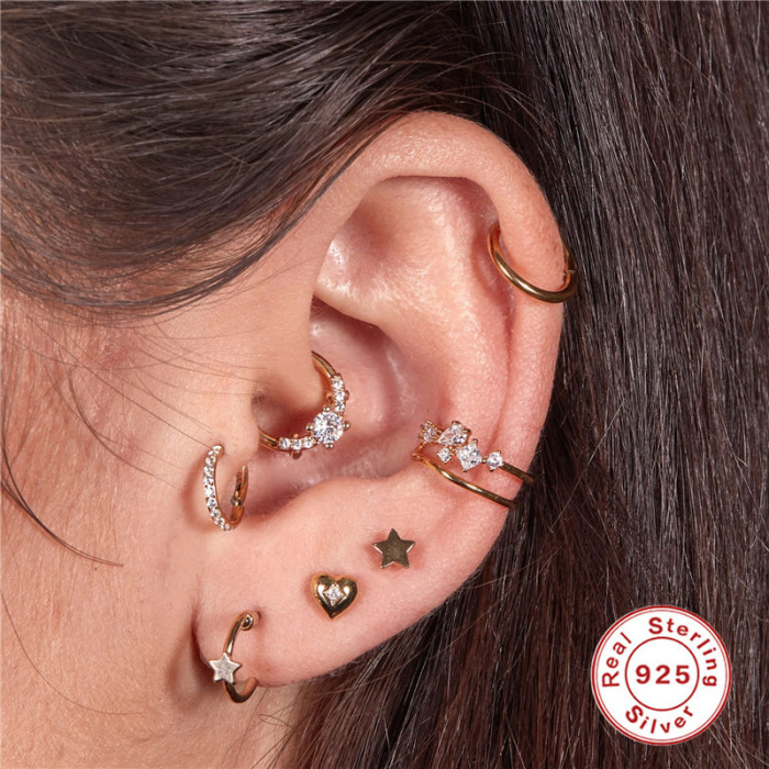 S925 Sterling Silver Single Row Diamond-Studded Cartilage Piercing Hoop Mini Small Earrings Nose Ring European and American Hot Selling INS Ear Bone Stud