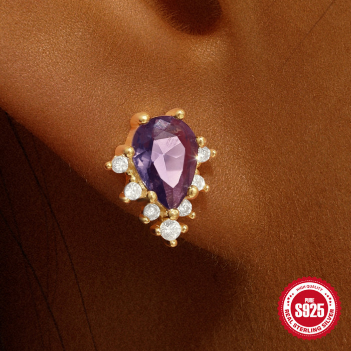 S925 Sterling Silver Water Drop Stone-Inlaid Elegant Versatile Women's Earrings Hot Selling Light Luxury High-End E...