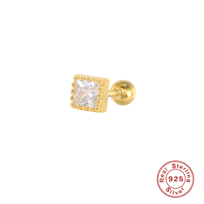 S925 Sterling Silver Single Square Threaded Earrings Cross-Border Trendy Personality New Vintage Small Piercing Earrings Jewelry