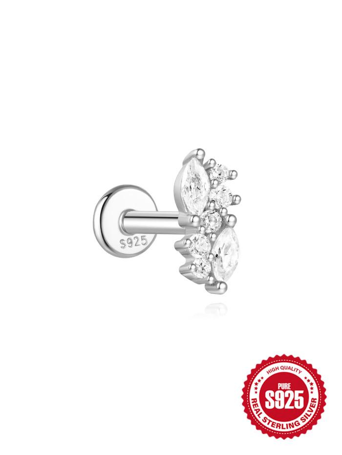 S925 Sterling Silver Exquisite Zircon Inlaid Flat Spiral Piercing Ear Bone Stud European and American Hot-Selling Geometric White Gold Ear Jewelry