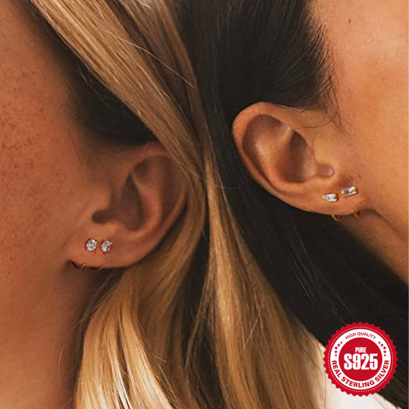 S925 Sterling Silver INS Style Diamond-Studded Earrings European and American Fashion Simple C-Shaped Diamond-Studded Zircon Earrings for Women