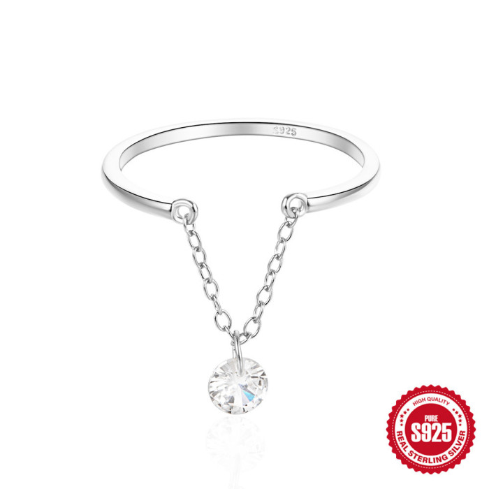S925 Sterling Silver Chain Open Adjustable Single Diamond-Studded Index Finger Ring European and American Fashion Simple Versatile Elegant Ring