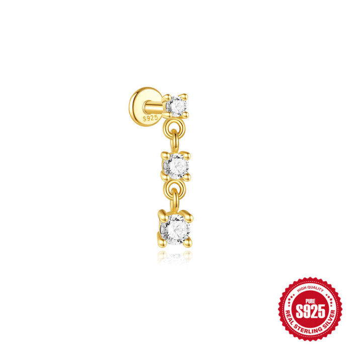 New S925 Sterling Silver Opal Inlaid Diamond Flat Head Threaded Piercing Ear Bone Stud European and American Hot Selling Geometric Pearl Ear Jewelry