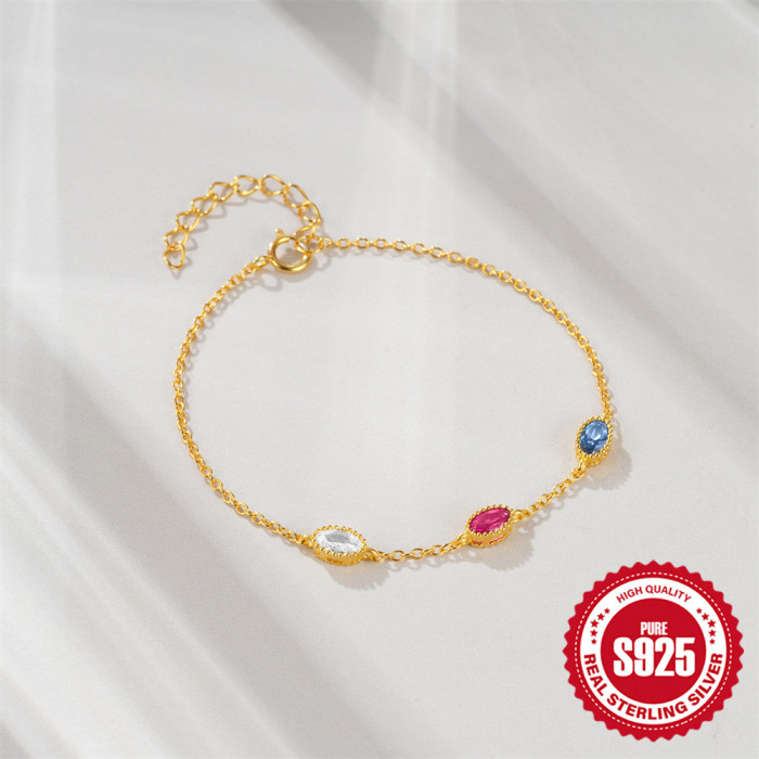 925 Sterling Silver Colorful Creative Rhombus Bezel Stone Versatile Bracelet European American French Style INS Per...