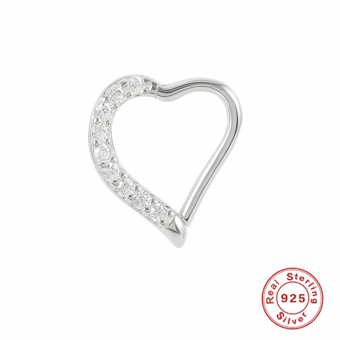 S925 Sterling Silver Single Piercing Micro Inlaid Diamond Round Nose Ring Heart Stud Earrings European and American Fashion Trend Minimalist Style Earrings