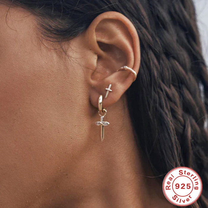 S925 Sterling Silver Dagger Cross Earrings Demon Eye Star Moon Pendant Hoop Earrings European and American Hot-Selling Earrings for Women