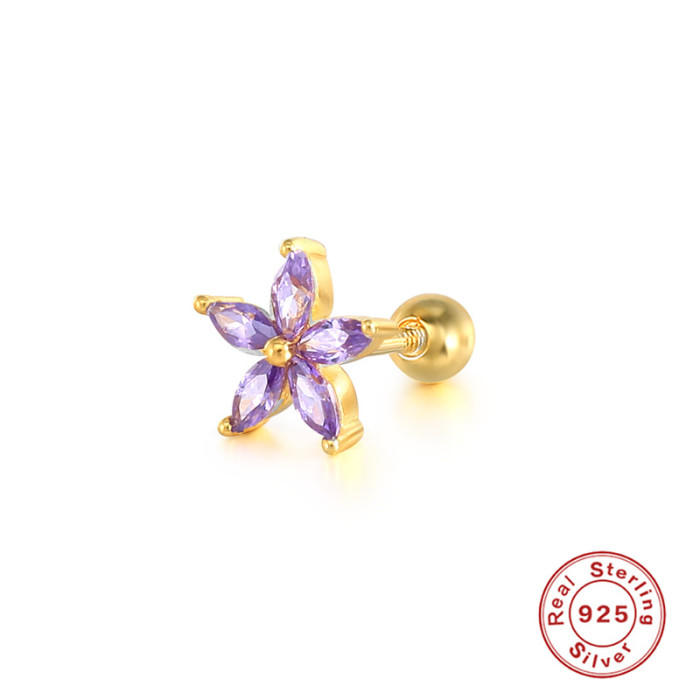 S925 Sterling Silver Elegant Five-Petal Flower Colorful Inlaid Diamond Piercing Threaded Earrings European and American Hot-Selling Ear Bone Studs Ear Jewelry