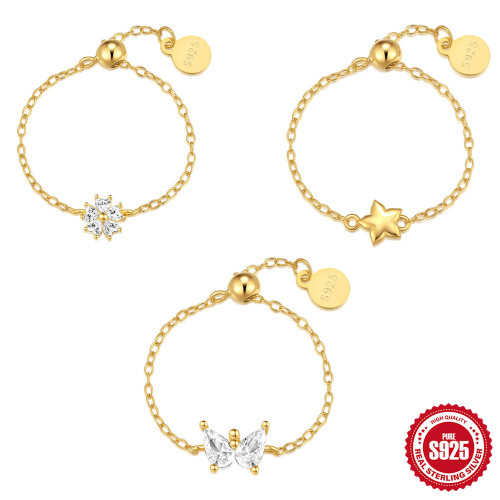 S925 Sterling Silver Water Drop Inlaid Diamond Super Shiny Butterfly Chain Ring Hot Sale Five-Pointed Star Adjustable Index Finger Ring